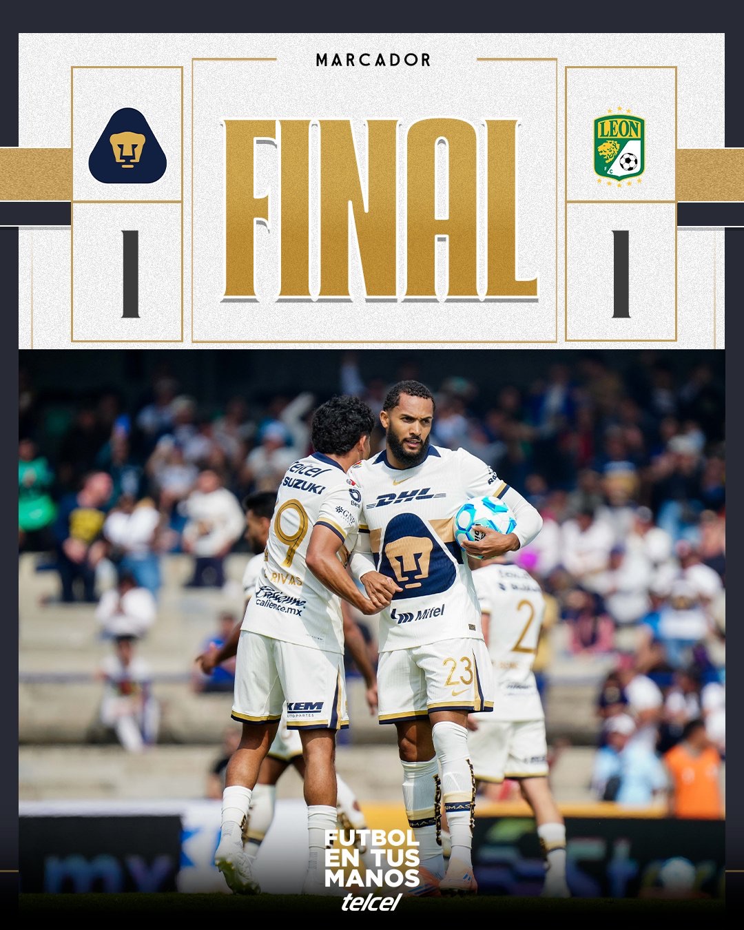 Juninho Vera de Pumas cabecea el balón para anotar el gol del empate contra León en CU