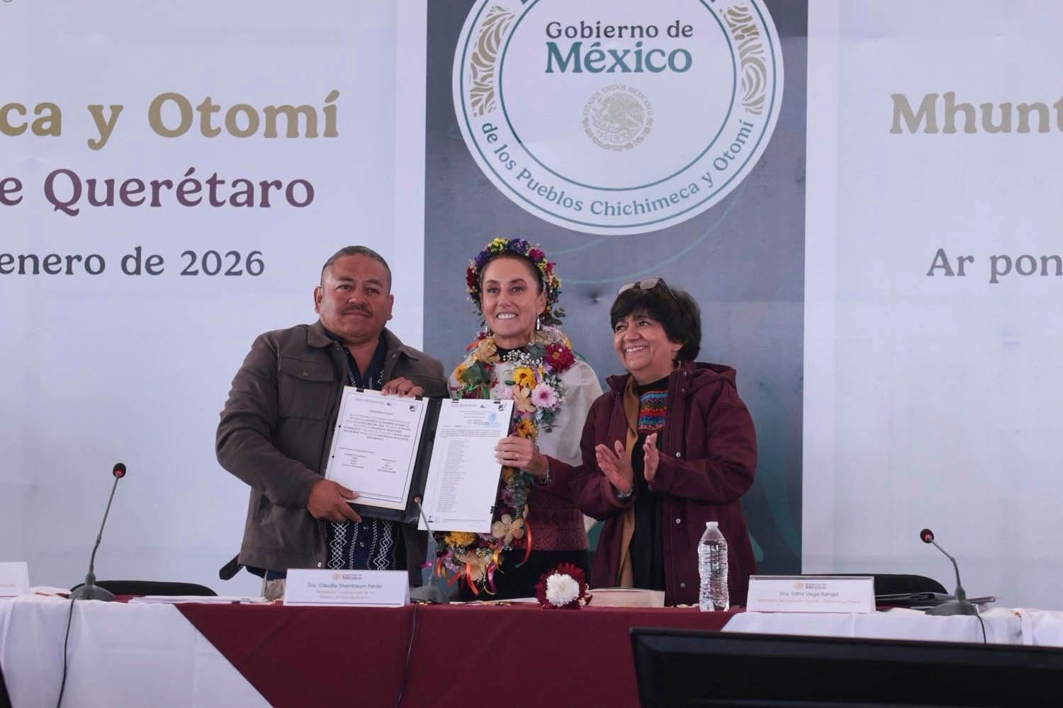 Presidenta Claudia Sheinbaum durante presentación del Plan de Justicia para pueblos chichimecas y otomíes en Guanajuato